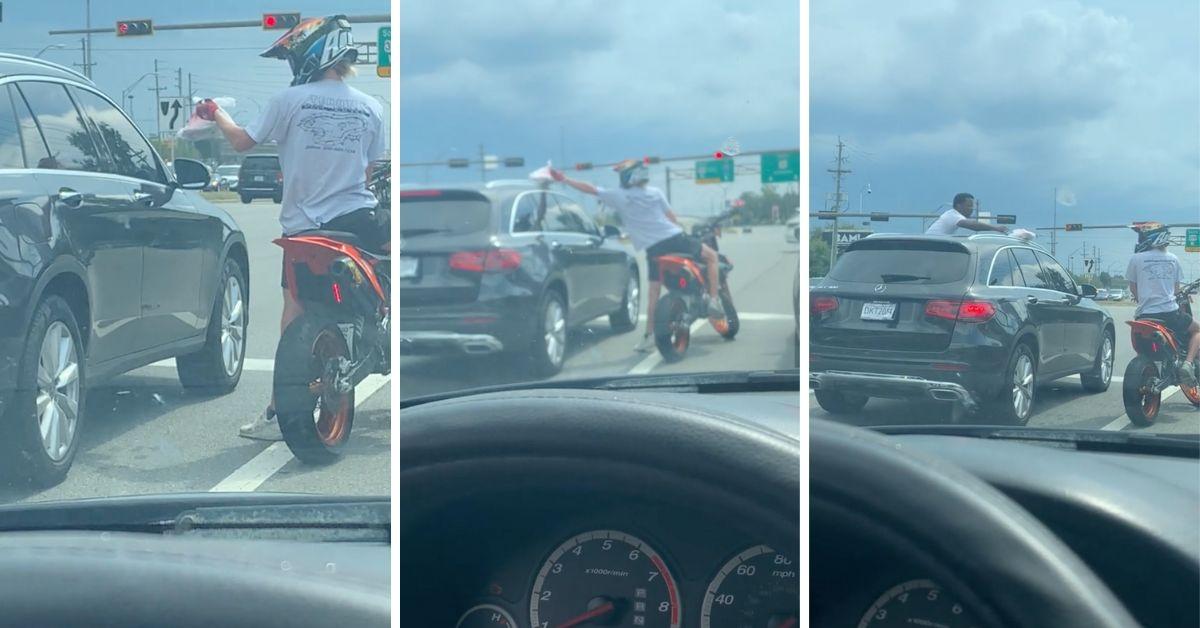 Screenshots of TikTok video of biker picking up driver's litter. 