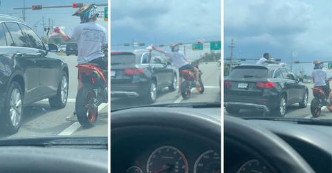 Screenshots of TikTok video of biker picking up driver's litter.
