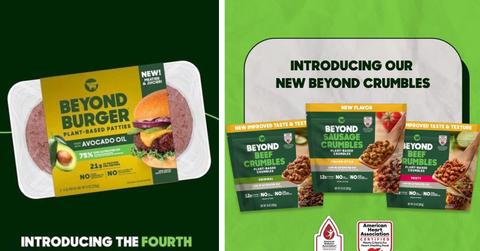Two Beyond Meat products are pictured, the Beyond Burger and Beyond Crumbles.