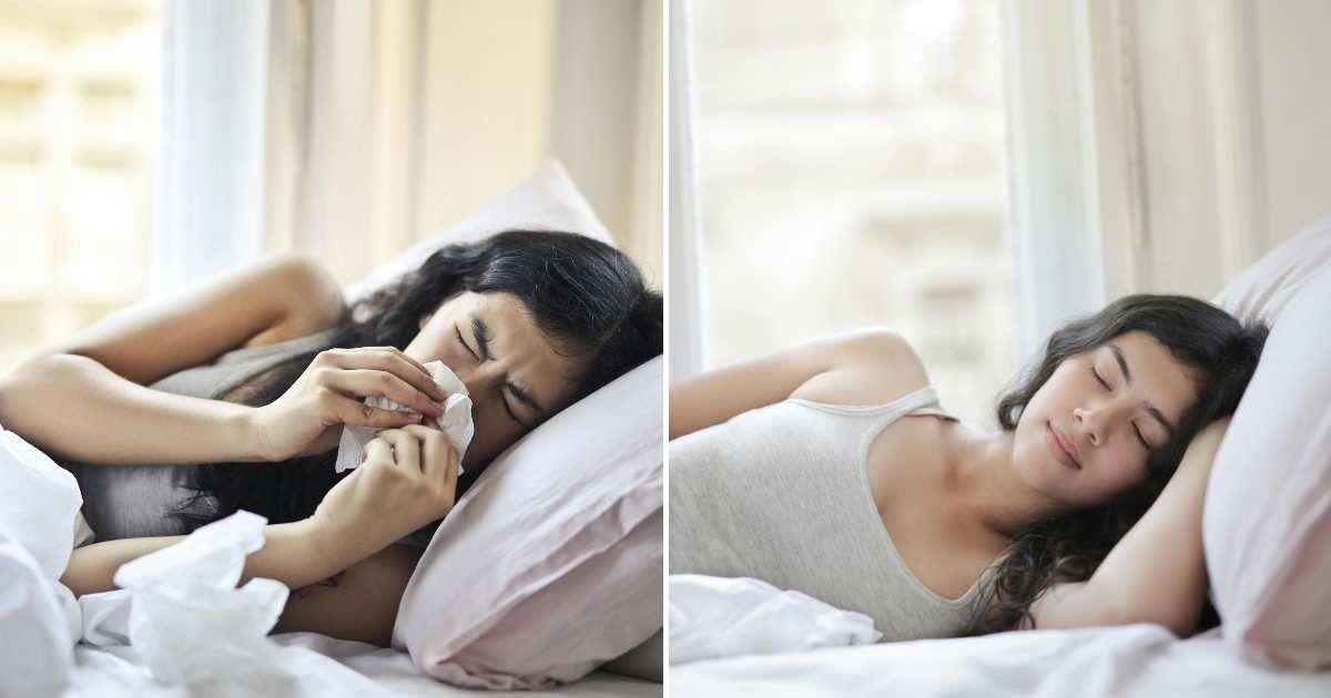 (L) Woman suffering from a cold struggles with sleeping. (R) Woman drifts off to sleep peacefully. (Representative Cover Image Source: Pexels | Andrea Piacquadio)