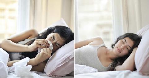 (L) Woman suffering from a cold struggles with sleeping. (R) Woman drifts off to sleep peacefully. (Representative Cover Image Source: Pexels | Andrea Piacquadio)