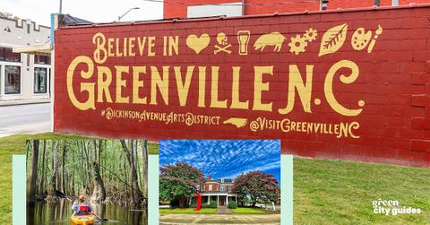 Photo of a mural in the Greenville, N.C., Dickinson Avenue Arts Distract with two smaller images of a man kyaking the Tar River and of the Greenville Museum of Art