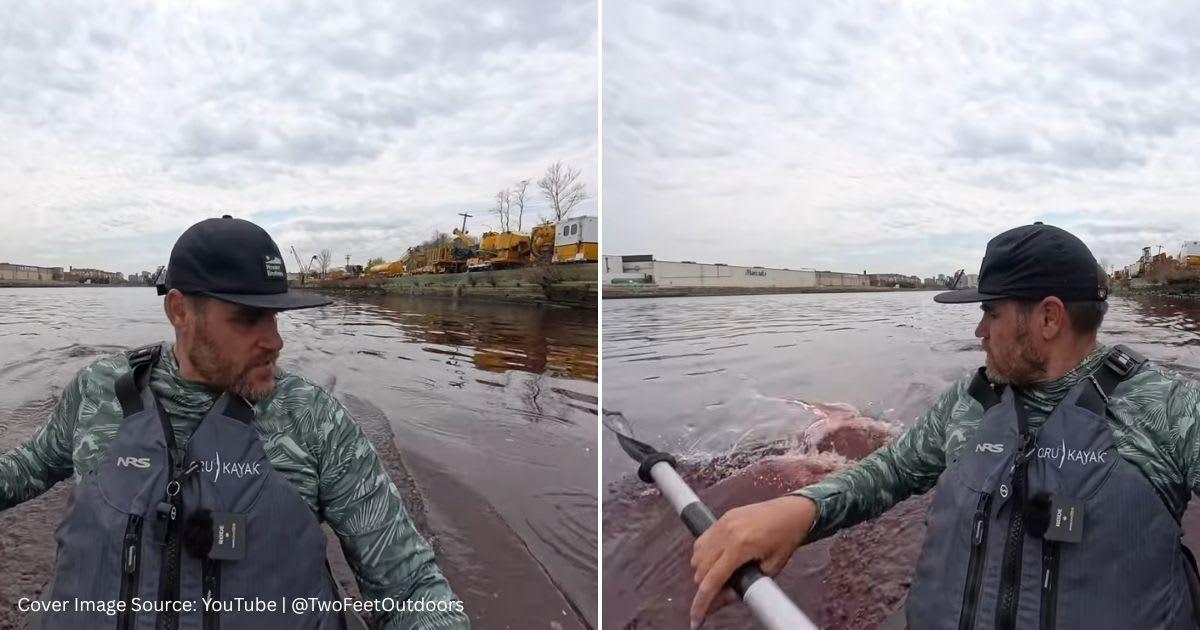 Screenshots of a man kayaking in the water that turned red. (Cover Image Source: YouTube | @TwoFeetOutdoors)