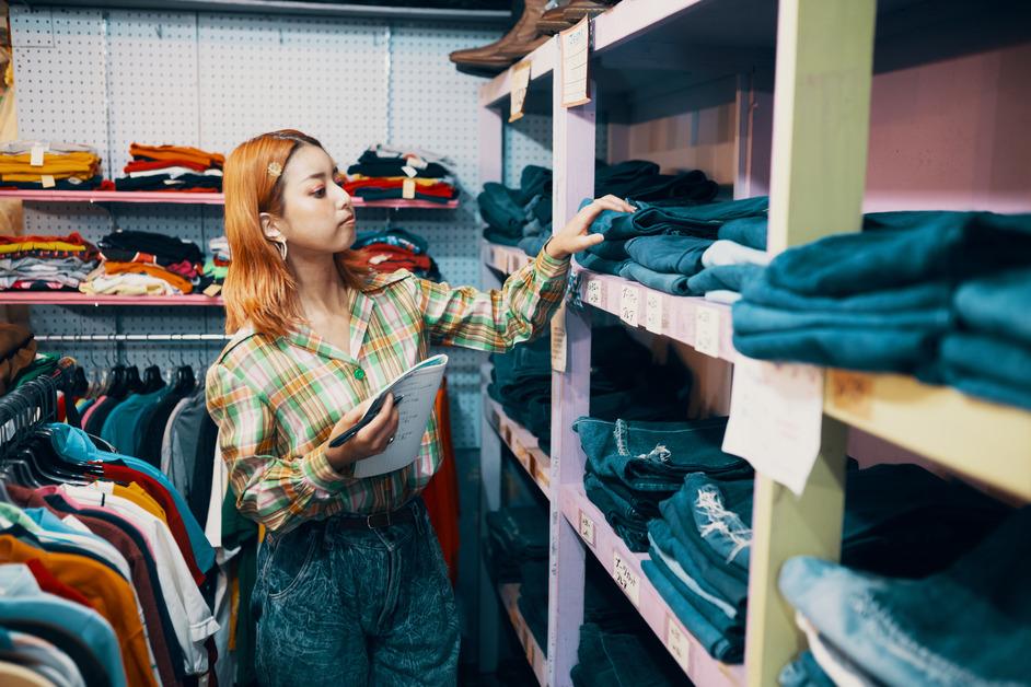 Woman organizing clothing in a thrift store