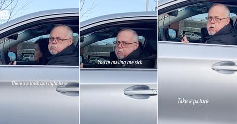 man complaining after woman confronts him for littering