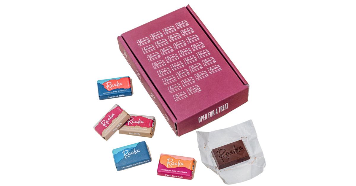 Raaka Chocolate Mini Dose Bars in a red box