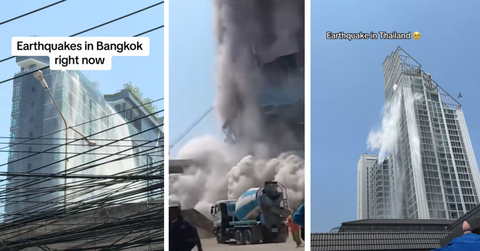 Water falls from a rooftop pool and a building collapses into a cloud of dust during an earthquake