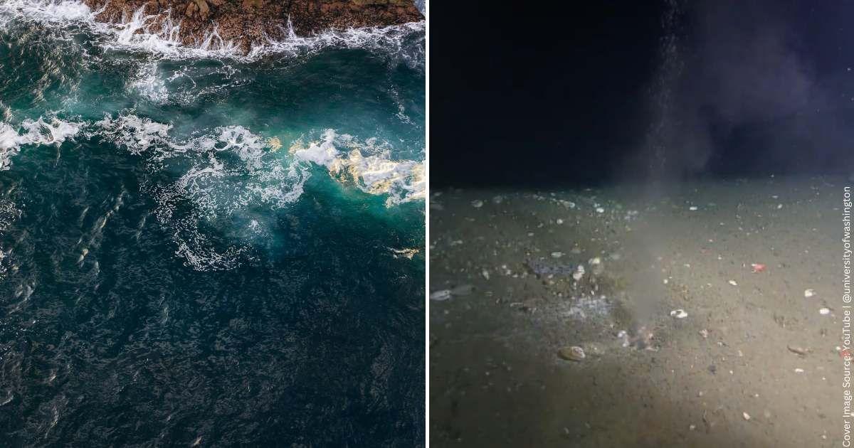 (L) Aerial view of the ocean. (Representative Cover Image Source: Pexels | Mikhail Nilov) | (R) Tiny undersea hole spewing hot water. (Cover Image Source: YouTube | @universityofwashington)