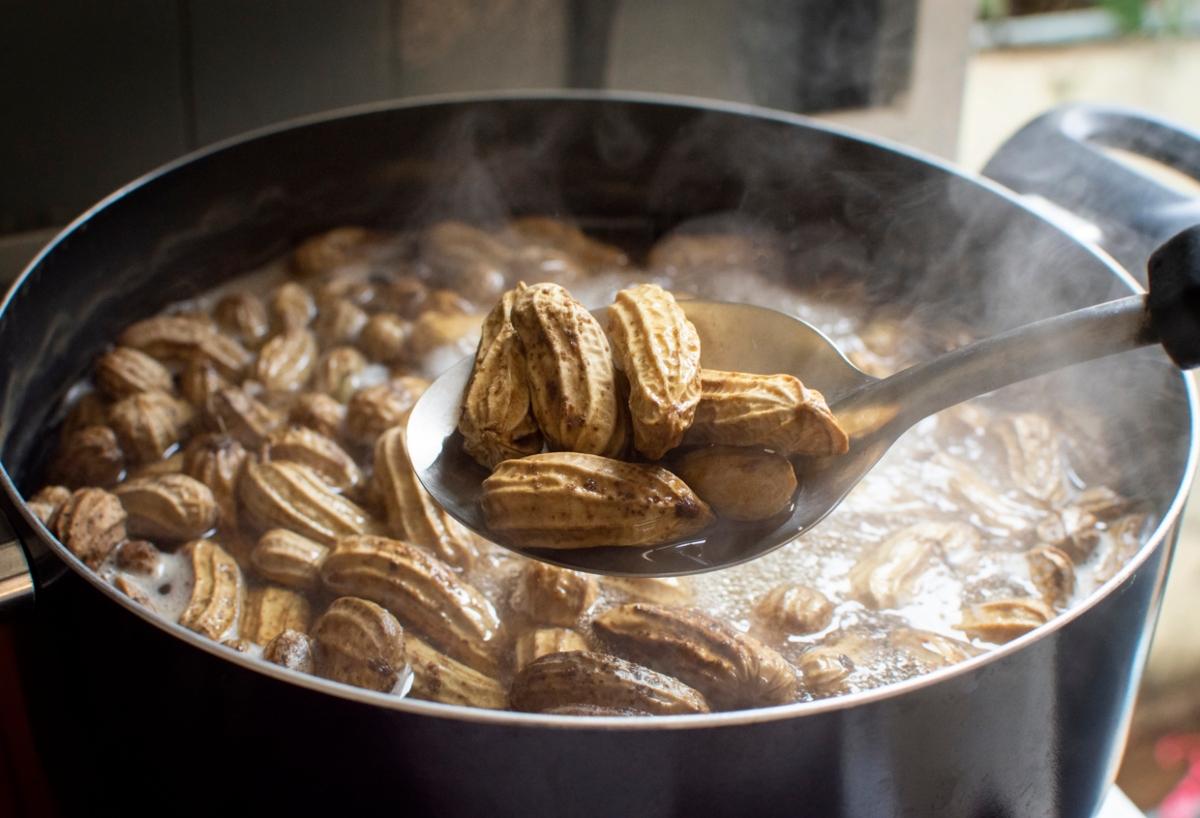 large pot of boiling peanuts