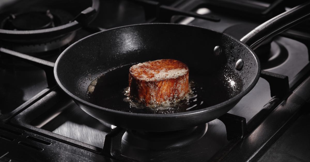 A vegan steak in a frying pan