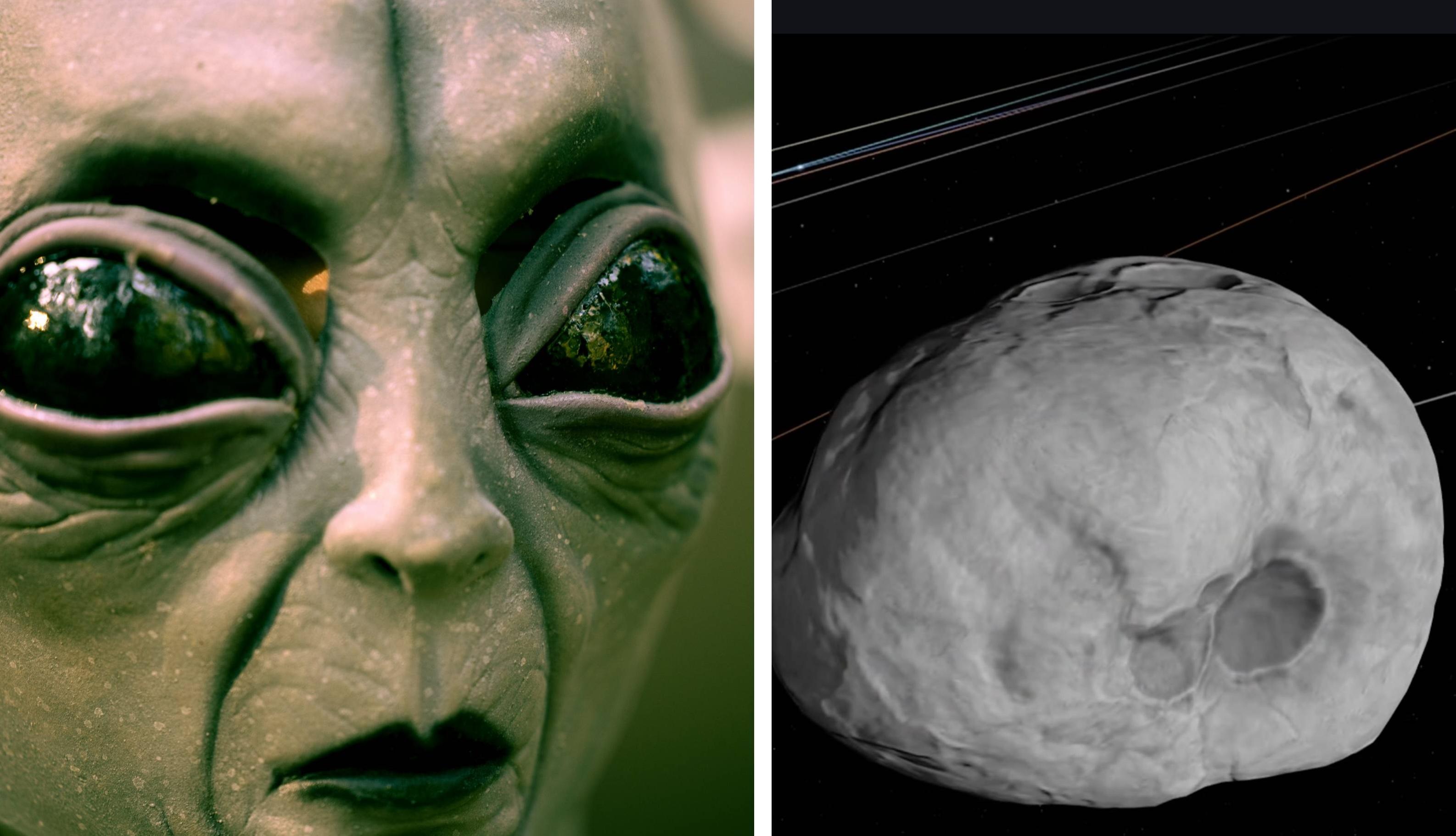 An alien is pictured on the left next to a picture of a comet on the right.