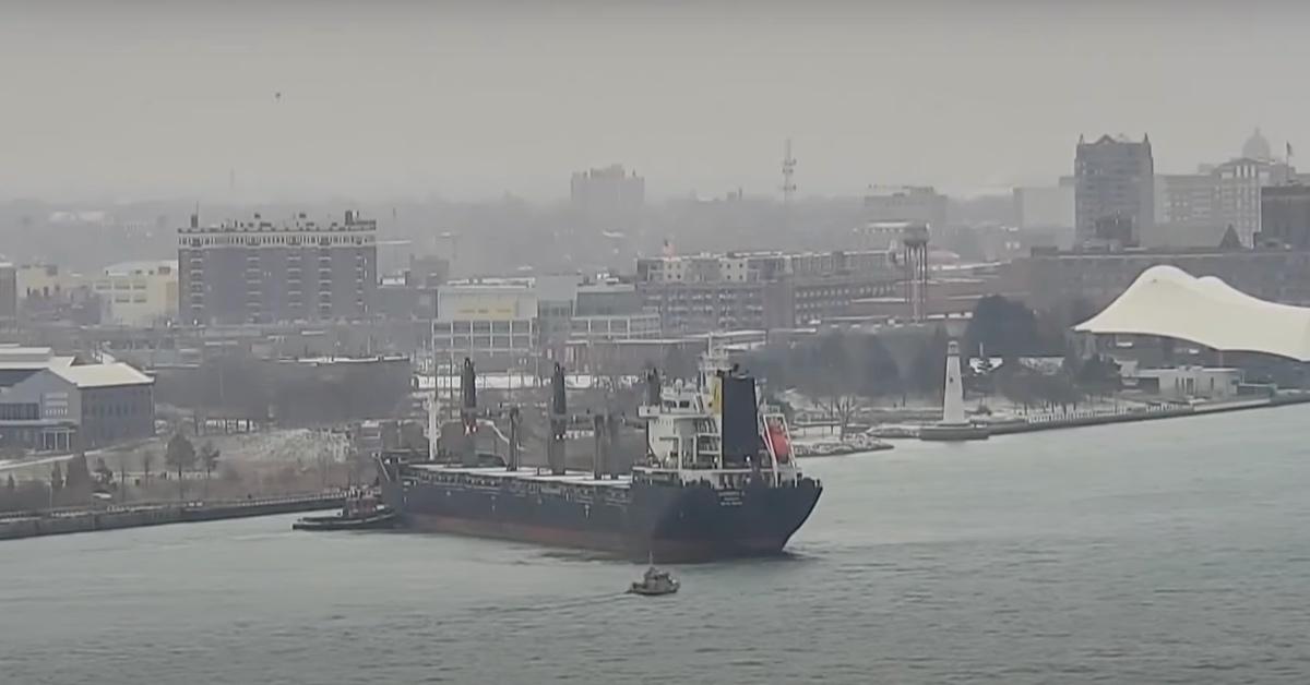 Freighter ship Barbro G stuck in the Detroit River. 