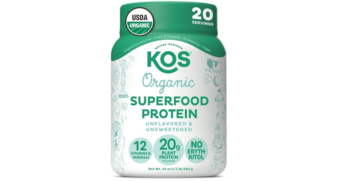 On white background, a tub of KOS Organic Plant Protein, Unflavored & Unsweetened