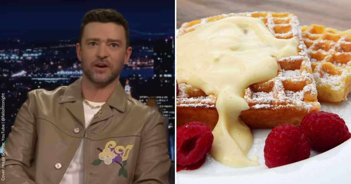 (L) Justin Timberlake in an interview with Jimmy Fallon on The Tonight Show. (Cover Image Source: YouTube | @fallontonight) | (R) Waffles topped with cream and strawberries. (Representative Cover Image Source: (R) Pexels | Pixabay)