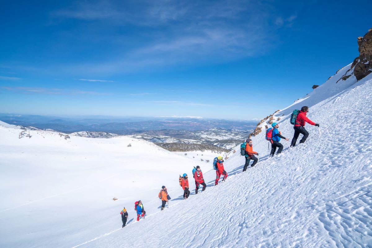 Hikers climbing a mountain.