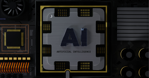A closeup of a computer board featuring an AI logo