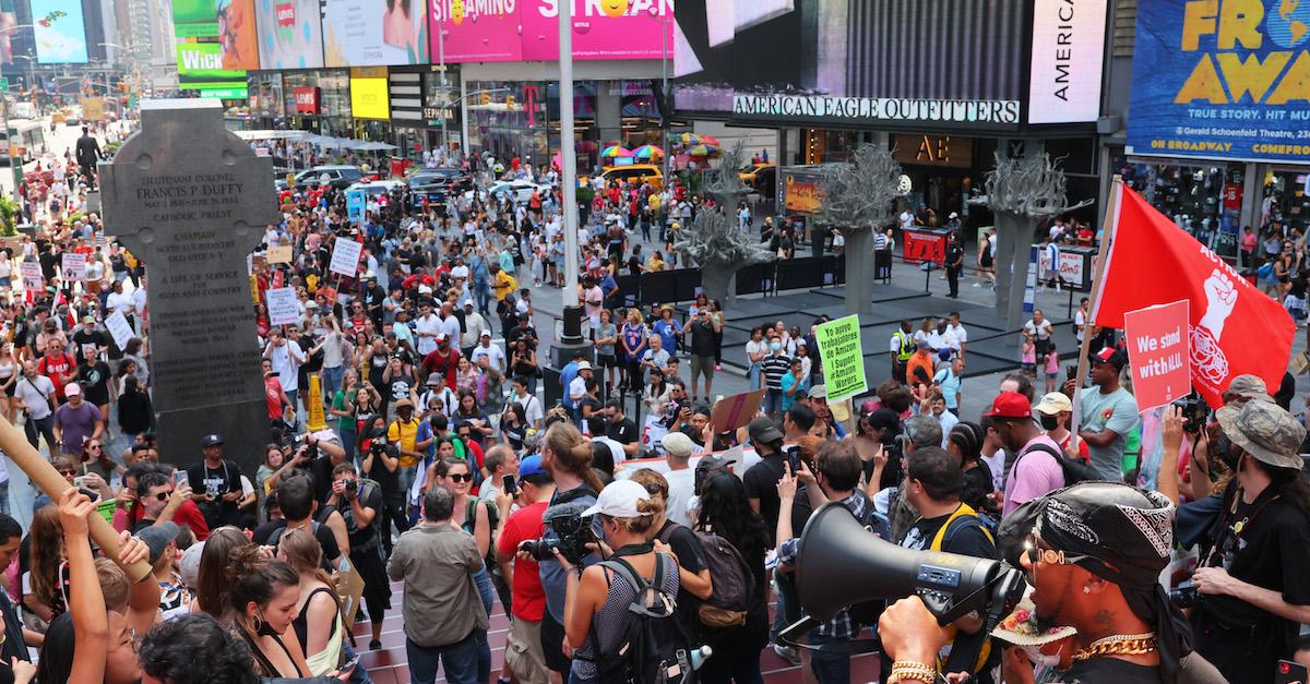 A union rally against Amazon and Starbucks in Times Square, NYC.