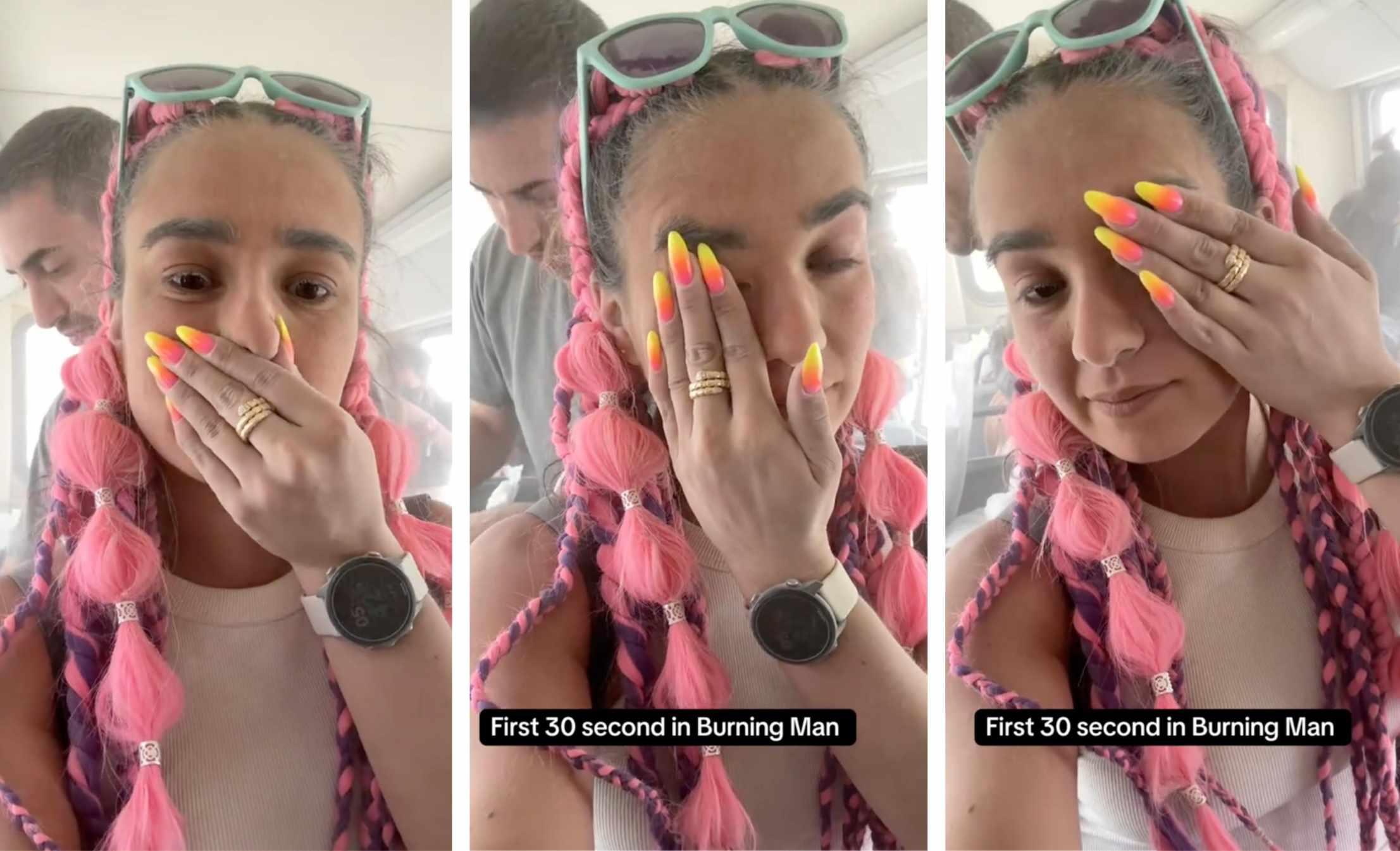 A TikTok user wipes dust from her face at Burning Man.