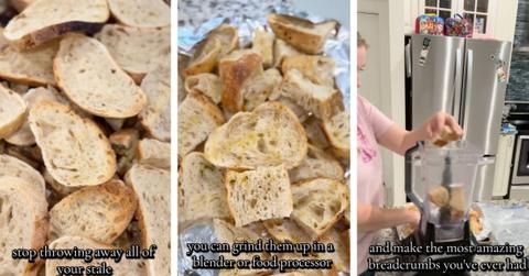 Three screenshots depict TikTok user crustycravingsbyh repurposing stale sourdough bread.