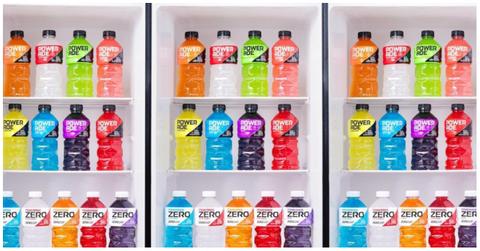 A case of different flavors of Powerade Zero.