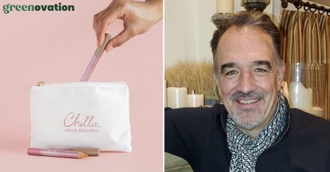 A hand places a pink Chella eye pencil into a Chella makeup bag, alongside a headshot of Chris Kolodziejski.