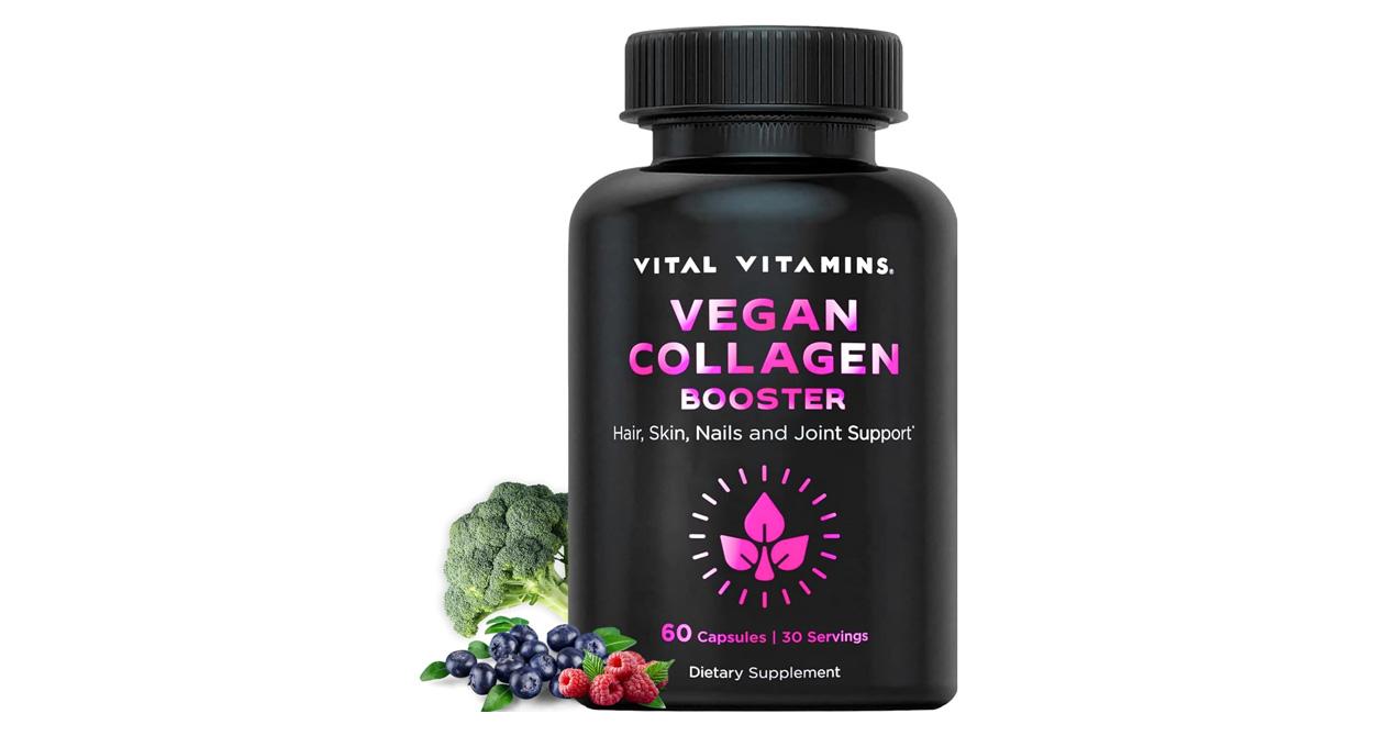 Vital Vitamins Vegan Collagen Booster vegan collagen supplement capsules in a black bottle with fruit beside it.