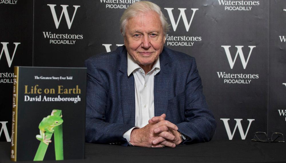 Sir David Attenborough sits with his book 'Life on Earth' in front of a Waterstones backdrop