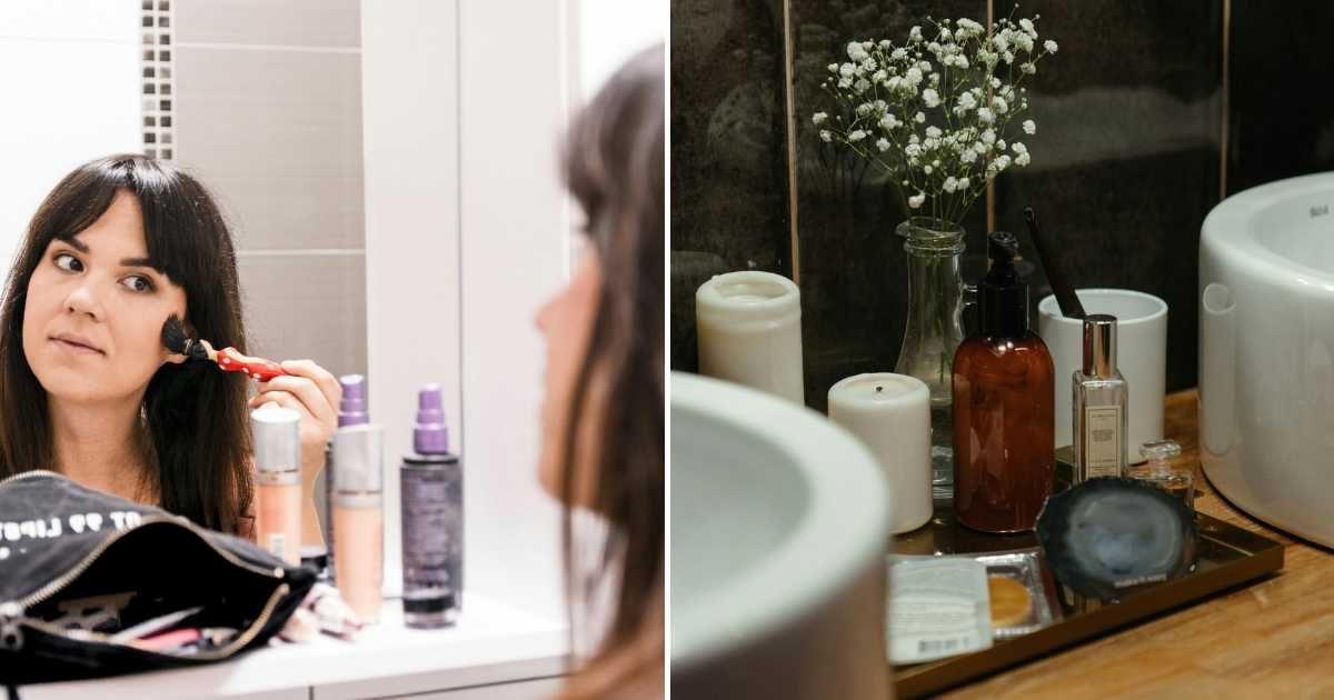 (L)A woman doing skincare and makeup in front of a mirror with her cosmetics bag in front. (R) Skincare items are placed near the bathroom sink. (Representative Cover Image Source: Pexels | (L) Marko Klaric, (R) Cottonbro Studios)