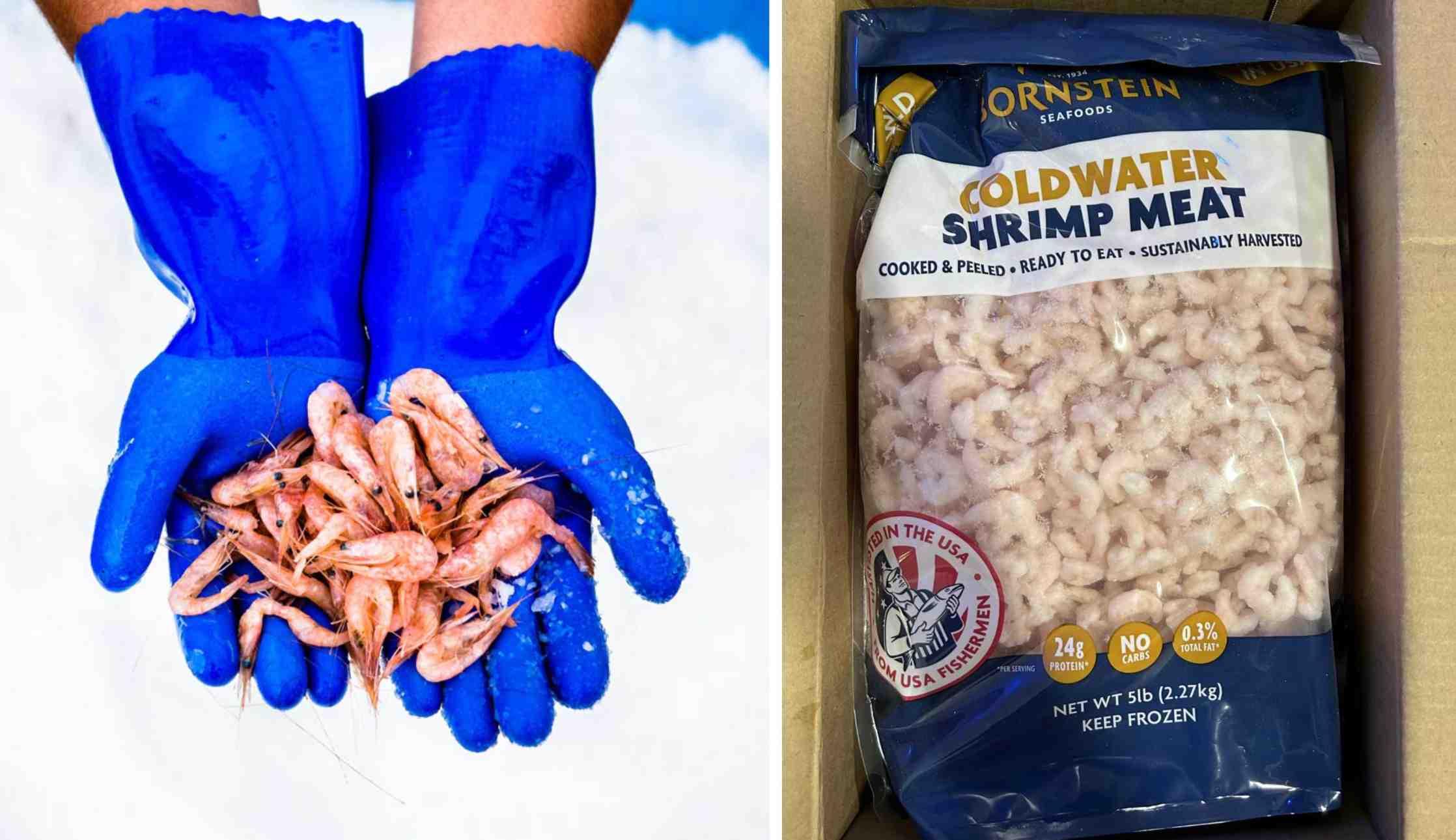 A package of shrimp is pictured after being recalled, beside a picture of shrimp farmed by Bornstein Seafoods.