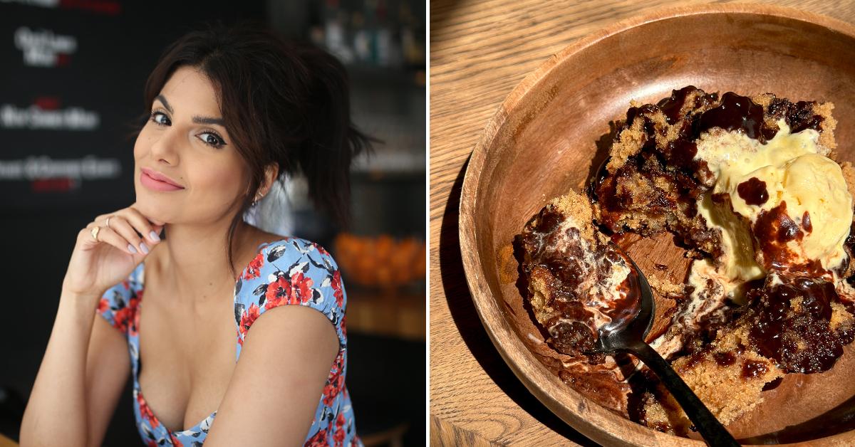 Side-by-side image featuring a headshot of 'The Great British Bake Off' finalist Ruby Bhogal and a photo of her Plant-Based Self-Saucing Sticky Toffee Pudding Sheet Cake with Stem Ginger and Chocolate dessert taken by Bhogal herself