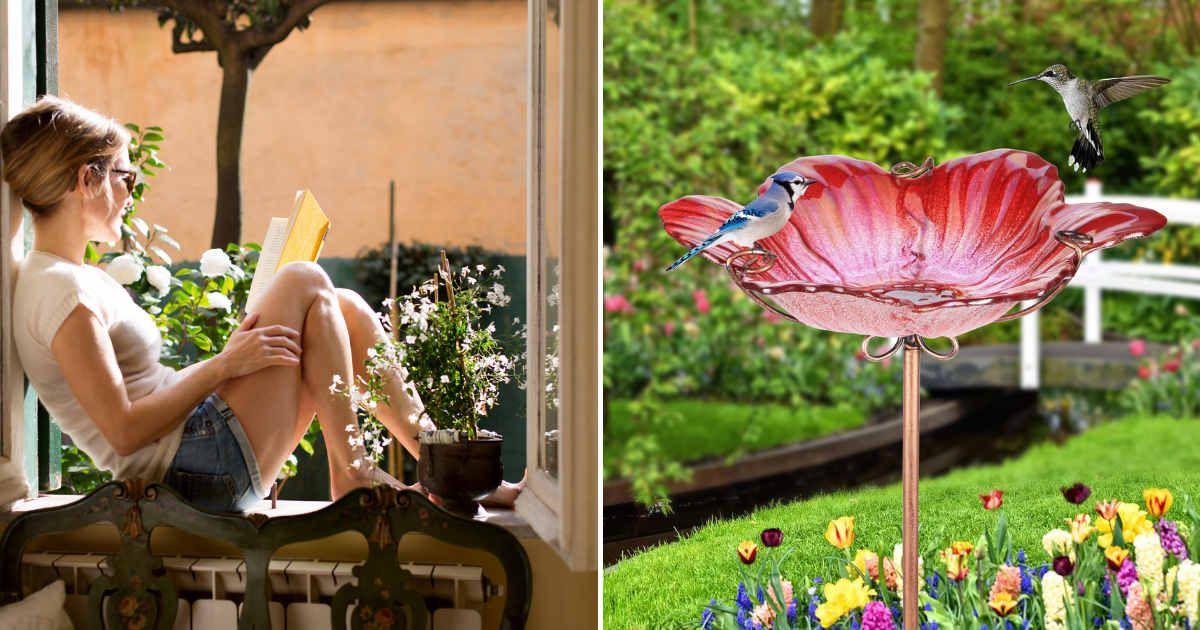 (L) A woman enjoys watching birds in her garden. (Representative Cover Image Source: Getty Images | Kathrin Ziegler) | (R) The Dream Garden glass bird bath is on sale for $30 on Amazon. (Cover Image Source: Amazon)