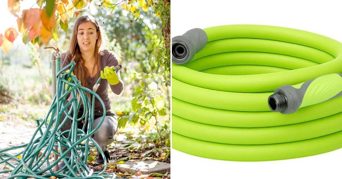 (L) Woman struggling to unwind a twisted garden hose (Representative Cover Image Source: Getty Images | CasarsaGuru) | (R) Amazon's garden hose on sale. (Cover Image Source: Amazon)